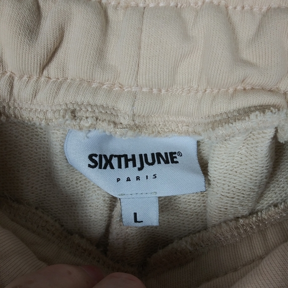 Sixth June Paris Sweatpants Womens L Cream Brown Pockets Drawstrings Embroidered - Picture 3 of 5